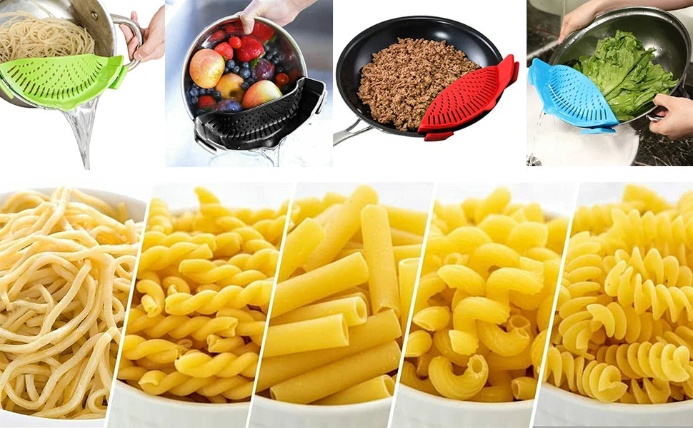 Universal Silicone Pot Edge Drainer Kitchen Clip-on Pan Pot Anti-spill Strainer Fruit Vegetable Washing Filter Noodles Colander