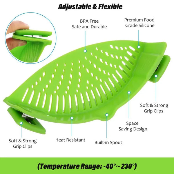 Universal Silicone Pot Edge Drainer Kitchen Clip-on Pan Pot Anti-spill Strainer Fruit Vegetable Washing Filter Noodles Colander