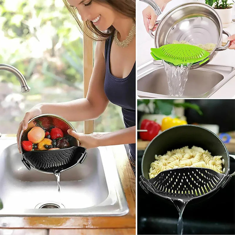 Universal Silicone Pot Edge Drainer Kitchen Clip-on Pan Pot Anti-spill Strainer Fruit Vegetable Washing Filter Noodles Colander