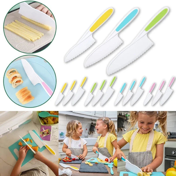 "3-Piece Kids Kitchen Knife Set – Safe Plastic Cooking Knives with Serrated Edges for Children – Child-Friendly Baking & Cutting Tools"
